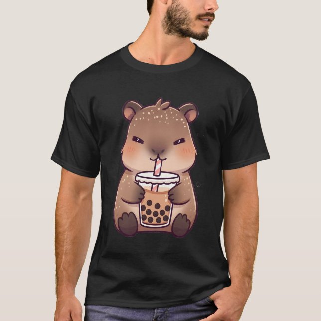 Kawaii Capybara Drinking Milk Tea T-Shirt (Front)