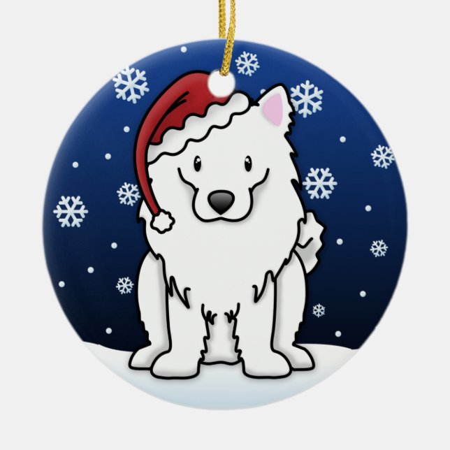 Kawaii Cartoon American Eskimo Dog Christmas Ceramic Ornament (Front)