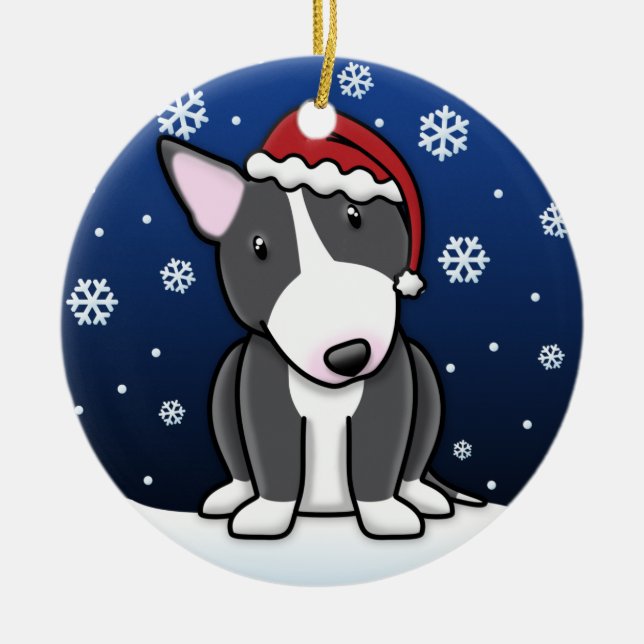 Kawaii Cartoon B&W Bull Terrier Christmas Ceramic Ornament (Front)