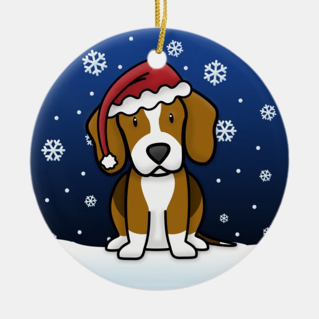 Kawaii Cartoon Beagle Christmas Ceramic Ornament (Front)