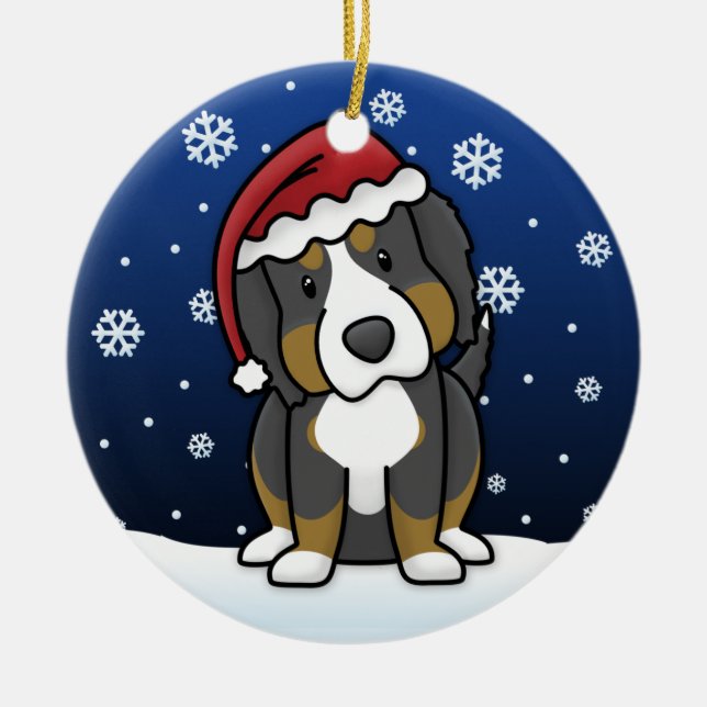 Kawaii Cartoon Bernese Mountain Dog Christmas Ceramic Ornament (Front)