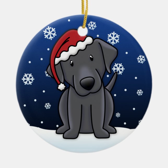 Kawaii Cartoon Black Lab Christmas Ceramic Ornament (Front)