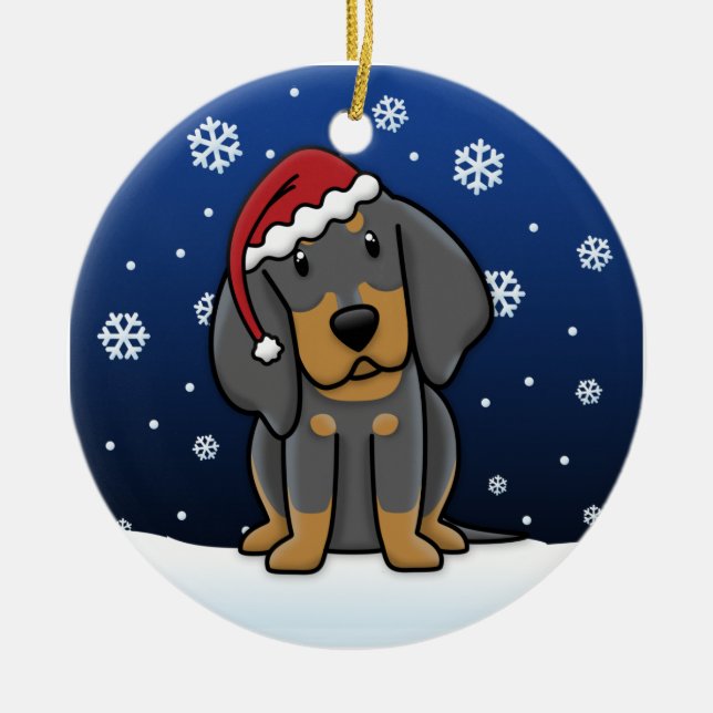 Kawaii Cartoon Black & Tan Coonhound Christmas Ceramic Ornament (Front)
