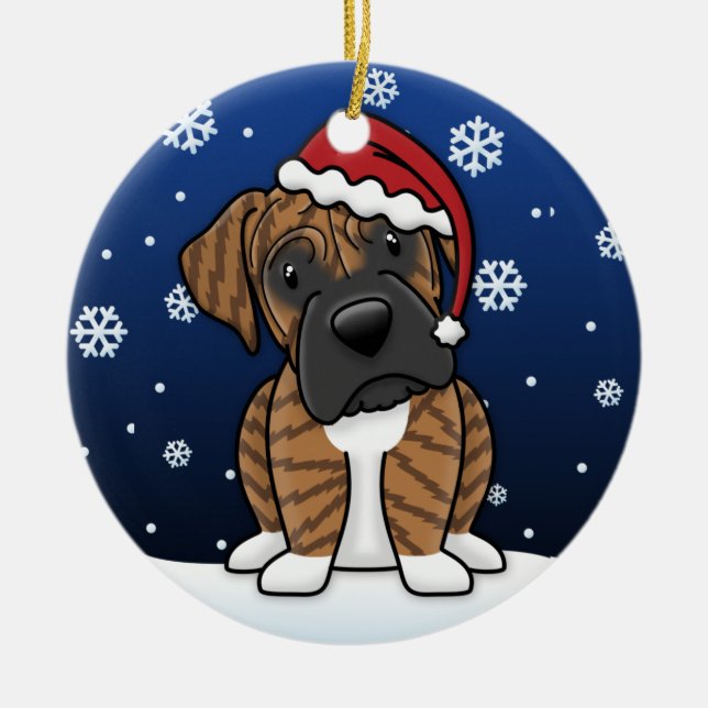 Kawaii Cartoon Brindle Boxer Christmas Ceramic Ornament (Front)
