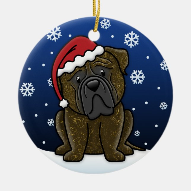 Kawaii Cartoon Brindle Bullmastiff Christmas Ceramic Ornament (Front)