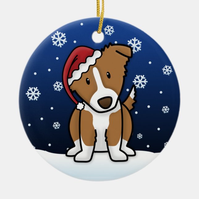 Kawaii Cartoon Brown Border Collie Christmas Ceramic Ornament (Front)