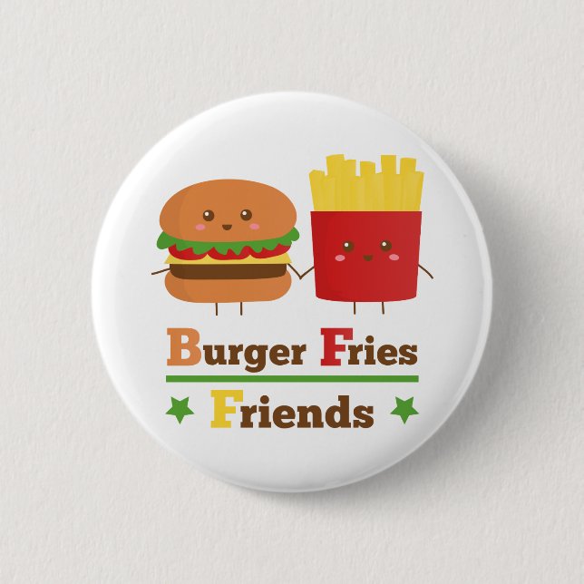 Kawaii Cartoon Burger Fries Friends BFF Pinback Button (Front)