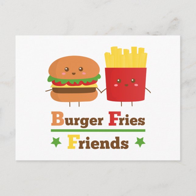 Kawaii Cartoon Burger Fries Friends BFF Postcard (Front)