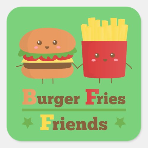 Kawaii Cartoon Burger Fries Friends BFF Square Sticker