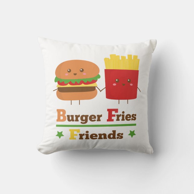 Kawaii Cartoon Burger Fries Friends BFF Throw Pillow (Front)