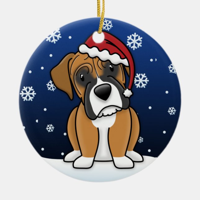 Kawaii Cartoon Fawn Boxer Christmas Ceramic Ornament (Front)