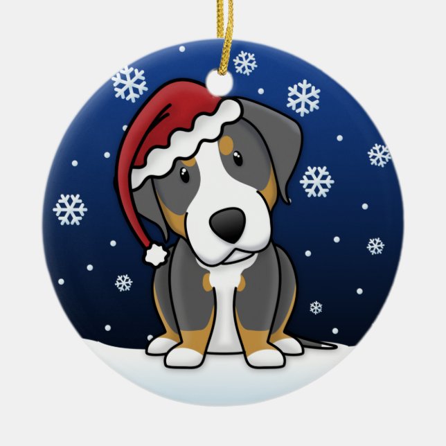 Kawaii Cartoon Greater Swiss Mountain Dog Xmas Ceramic Ornament (Front)