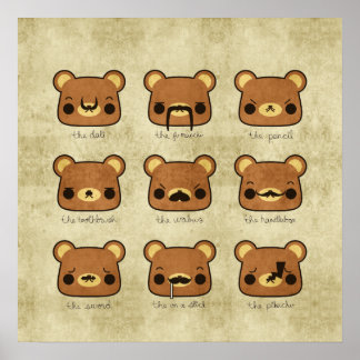 Kawaii Cartoon Grunge Bears with Mustaches Poster