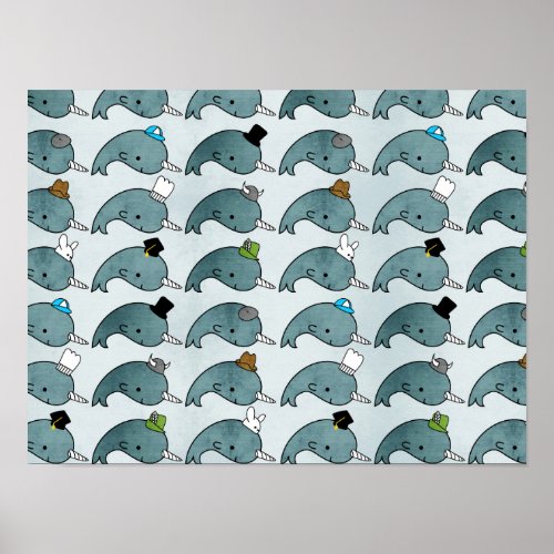 Kawaii Cartoon Grunge Narwhals with hats Poster