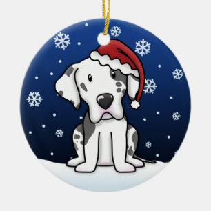 Kawaii Cartoon Harlequin Great Dane Christmas Ceramic Ornament