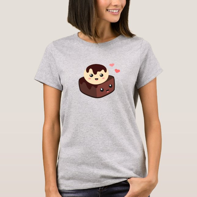 Kawaii Cartoon of Vanilla Ice Cream and Brownie T-Shirt (Front)