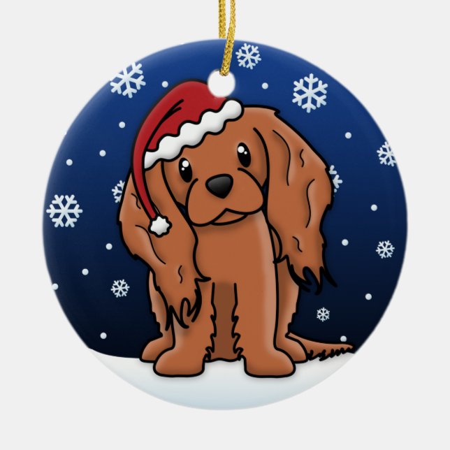 Kawaii Cartoon Ruby Cavalier King Charles Spaniel Ceramic Ornament (Front)