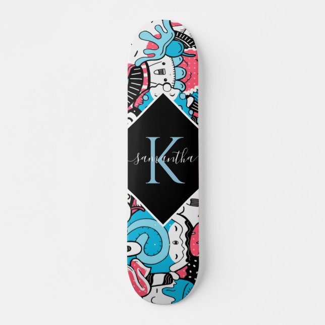 Kawaii Cartoon Style Dessert Name & Initial Kids Skateboard (Front)