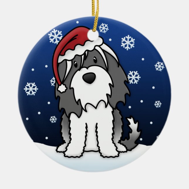 Kawaii Cartoon Tibetan Terrier Christmas Ceramic Ornament (Front)