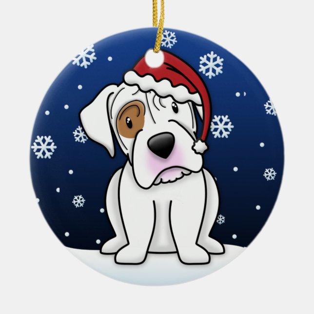 Kawaii Cartoon White Boxer Christmas Ceramic Ornament (Front)