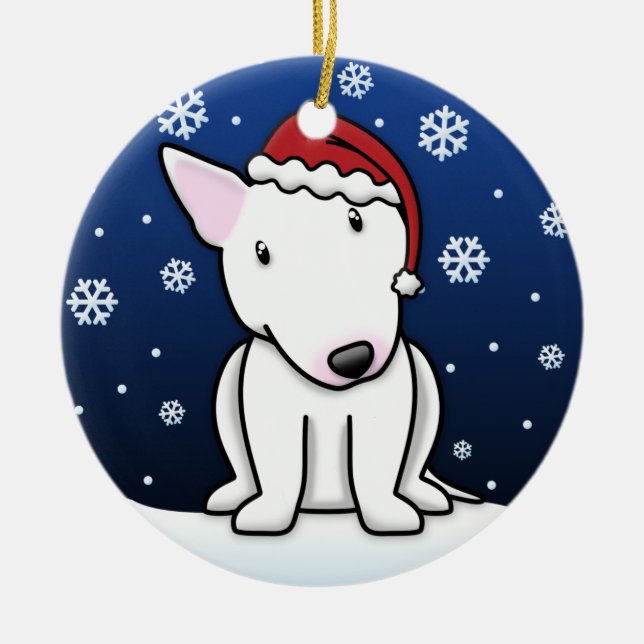 Kawaii Cartoon White Bull Terrier Christmas Ceramic Ornament (Front)