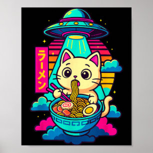 Kawaii Cat Alien Ufo Ramen Graphic Tee Funny Japan Poster