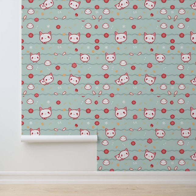 Kawaii Cat and Floral Pattern on Blue Wallpaper (Application)