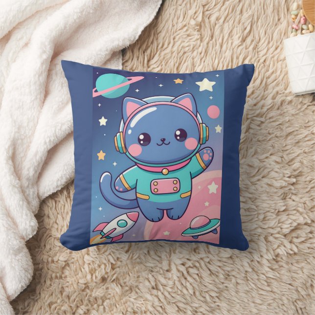 Kawaii Cat Astronaut Space Adventure Cute Cosmos Throw Pillow (Blanket)