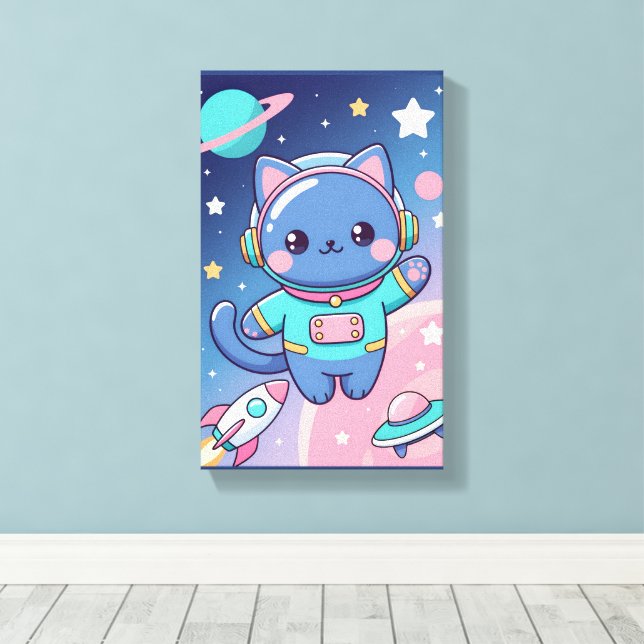 Kawaii Cat Astronaut Space Cute Galactic Wall Art (Insitu(Wood Floor))