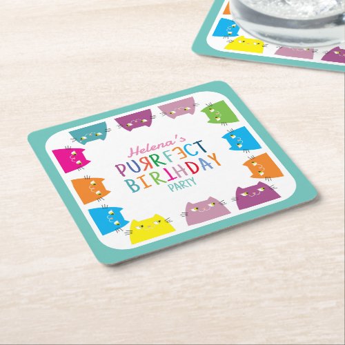Kawaii Cat Birthday Party Square Paper Coaster