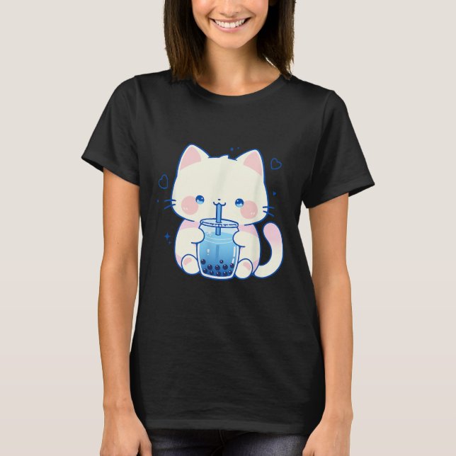 Kawaii Cat Boba Japanese Cute Aesthetic Anime Girl T-Shirt (Front)