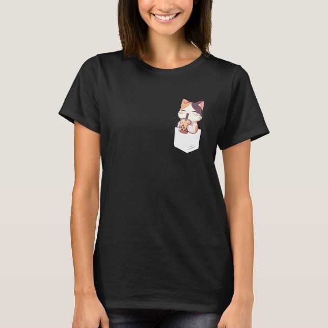 Kawaii Cat Boba Pocket Japanese cute aesthetic Ani T-Shirt (Front)