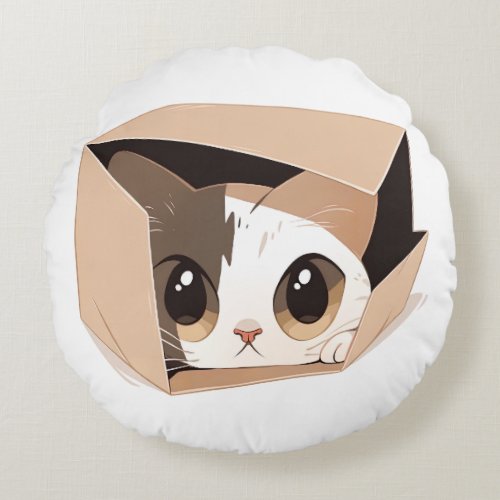 Kawaii Cat Box  Japanesee Anime Style Round Pillow