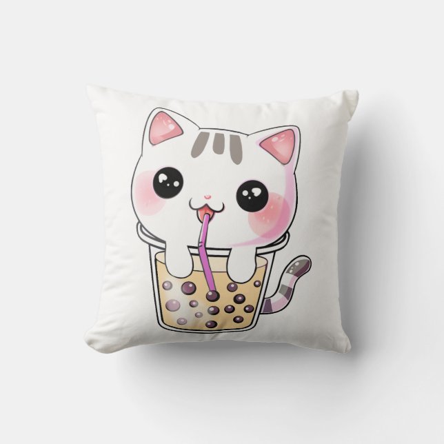 Kawaii cat bubble tea throw pillow (Front)
