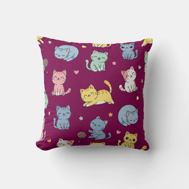 Kawaii Cat Cartoon Pattern Pillow (Front)