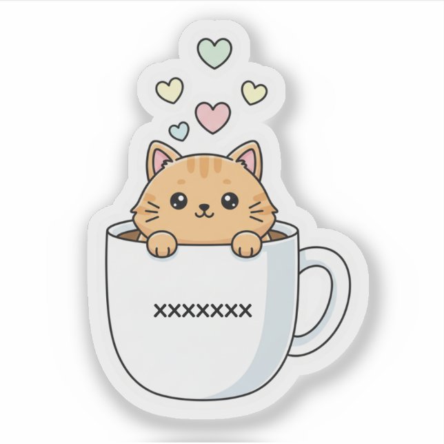 Kawaii Cat & Coffee Hearts Illustration Sticker (Front)