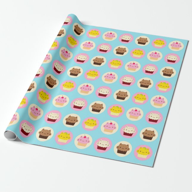 Kawaii Cat Cupcakes Wrapping Paper (Unrolled)