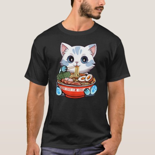 Kawaii Cat cute Eating Ramen Noodles Anime  T_Shirt