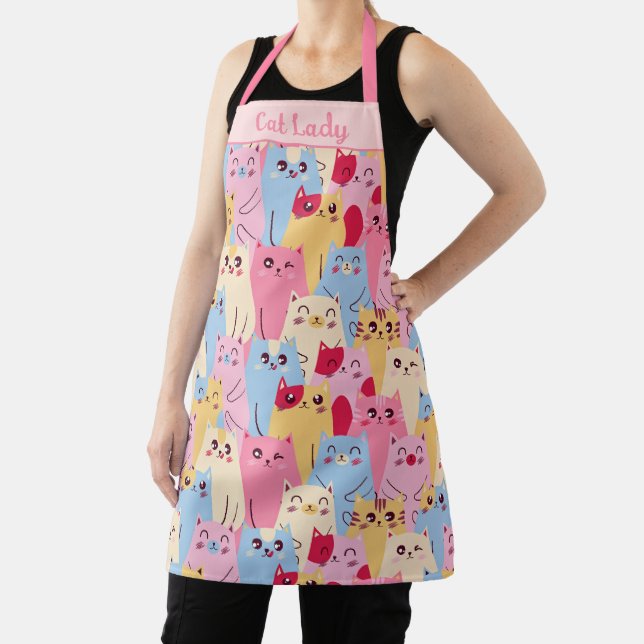Kawaii Cat Design Pastel Pink Blue Whimsical Apron (Insitu)
