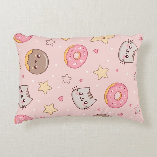 Kawaii Cat, Donut, and Star Pattern  Accent Pillow (Front)