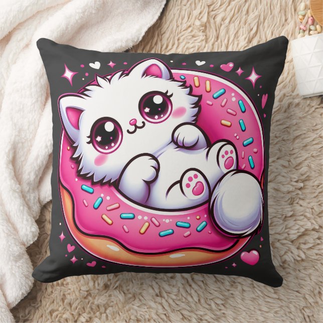 Kawaii Cat Donut - Anime Lover Otaku Cute Throw Pi Pillow (Blanket)