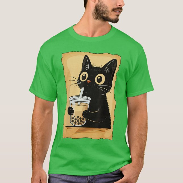 Kawaii Cat Driking Bubbleea Cute Anime Kitty Slice T-Shirt (Front)