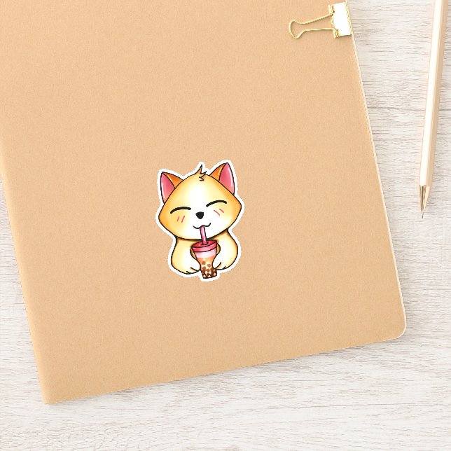 kawaii cat drinking Boba Milk tea Sticker (Notebook)