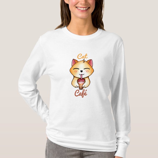  kawaii cat drinking Boba Milk tea T-Shirt (Front)