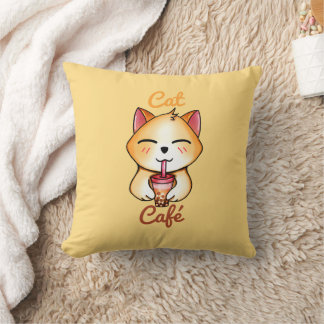 kawaii cat drinking Boba Milk tea Throw Pillow