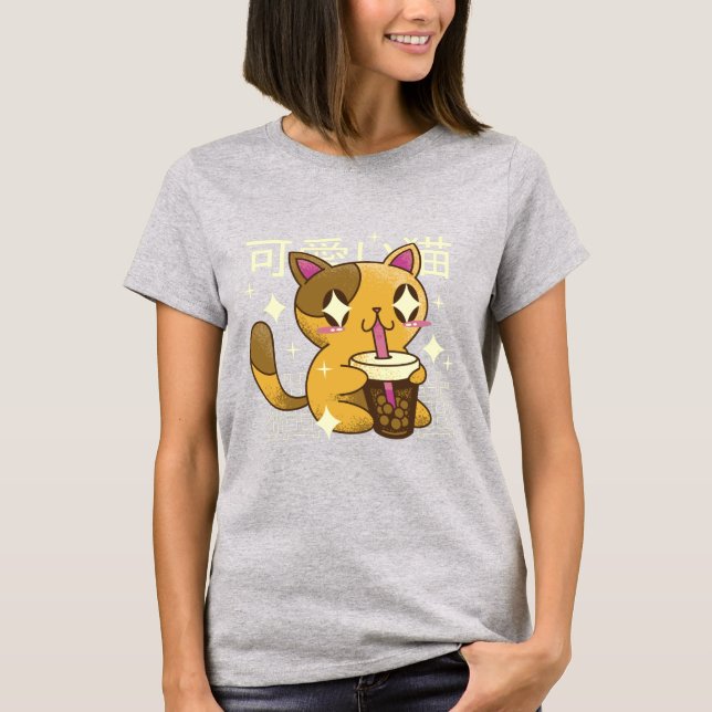 Kawaii Cat Drinks Bubbletea T-Shirt (Front)