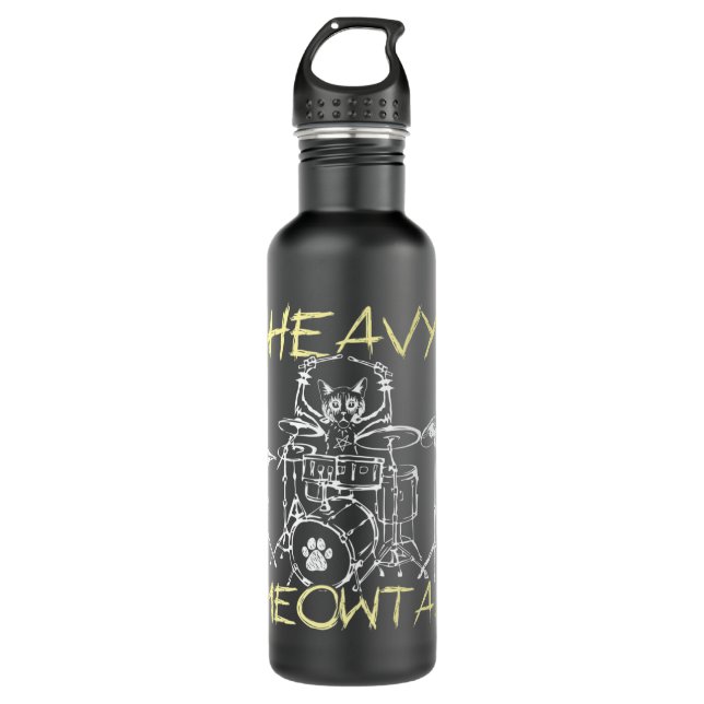 Kawaii Cat Drummer Heavy Meow Metal Music Lover Ro Stainless Steel Water Bottle (Front)