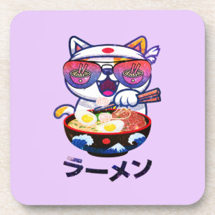Kawaii Cat Eating Ramen – Cute Japanese Noodles Beverage Coaster