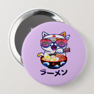 Kawaii Cat Eating Ramen – Cute Japanese Noodles Button