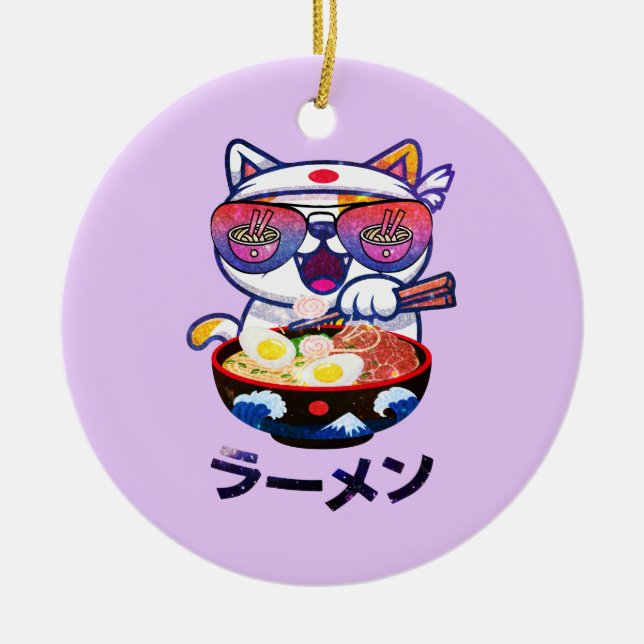 Kawaii Cat Eating Ramen – Cute Japanese Noodles Ceramic Ornament (Front)